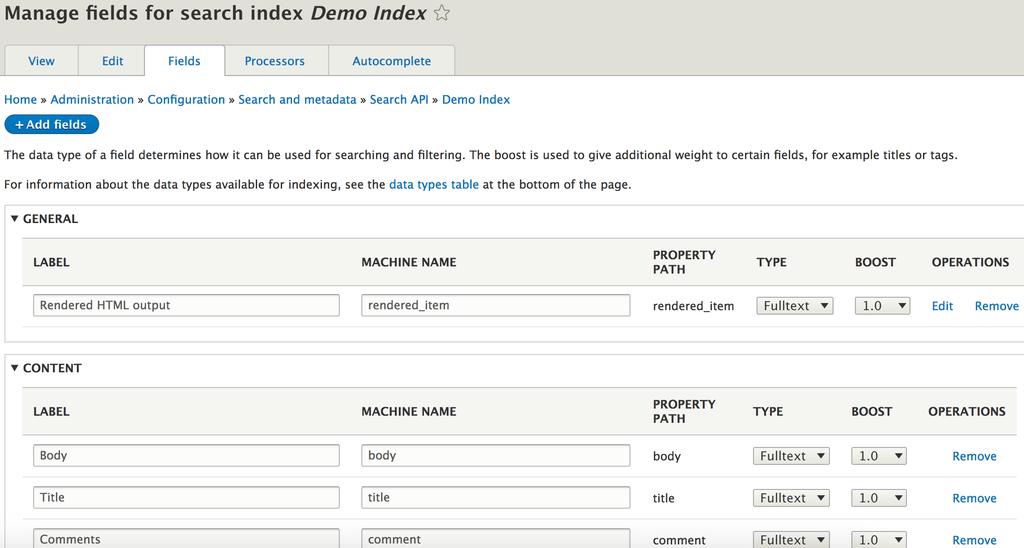 Add fields to index (same as Solr) Before search can be performed, select all the