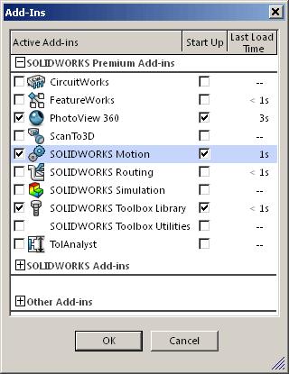 Save. Use Ctrl-S. D. Enable SOLIDWORKS Motion. Step 1. If necessary, turn on SOLIDWORKS Motion. To turn on SOLIDWORKS Motion, the flyout of Options the Standard toolbar and click Add-Ins. Fig.