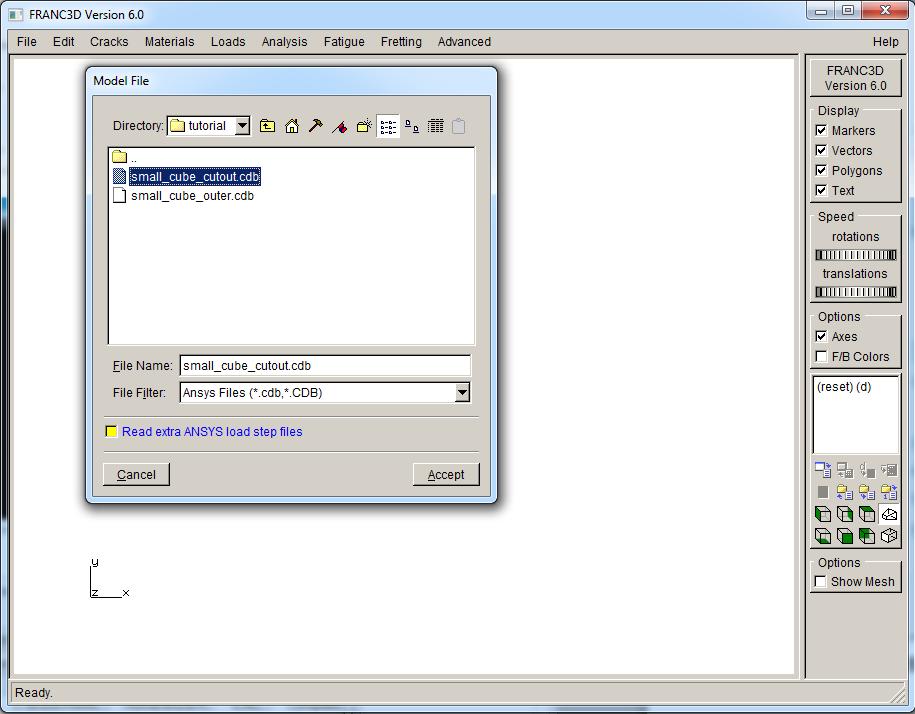 Figure 2.3: FRANC3D graphical user interface. Step 3.2: Selecting the Retained Items in the Local FE Model After hitting Accept in Step 3.1, the dialog box shown in Fig 2.