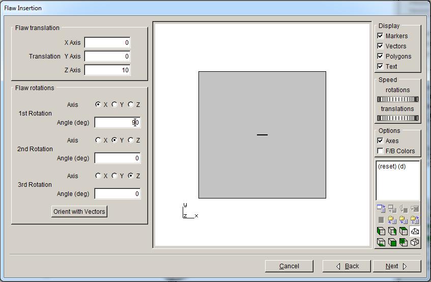 Figure 2.11: Flaw wizard panel to set location and orientation. Step 4.