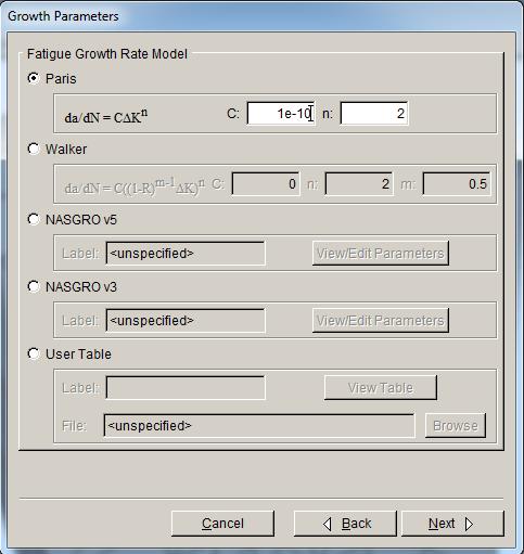 Step 7.2: Specify Growth Rate The second panel of the Crack Growth wizard, Fig 2.23, allows you to specify the growth rate model data. We will use the Paris model and set C to 1e-10 and leave n at 2.
