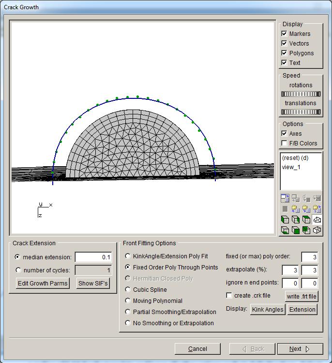Figure 2.25: Crack Growth wizard fourth panel. Step 7.5: Specify Crack Front Template The final panel, Fig 2.26, allows you to specify the crack front mesh template parameters.