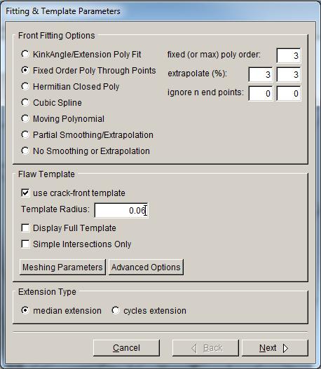 Figure 2.30: Crack Growth Analysis wizard fourth panel. Step 8.6: Specify Extension or Cycle Data The fifth panel of the wizard should appear as in Fig 2.31.