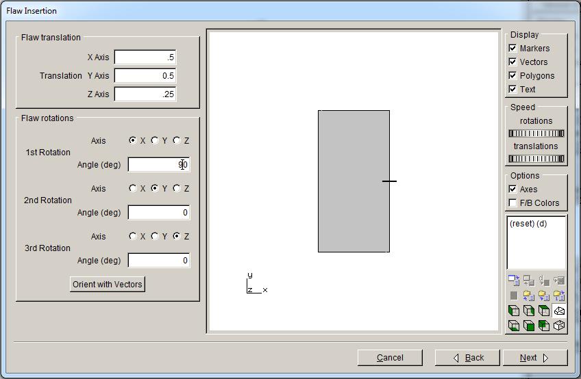 Figure 3.10: Flaw wizard panel to set location and orientation. Step 3.