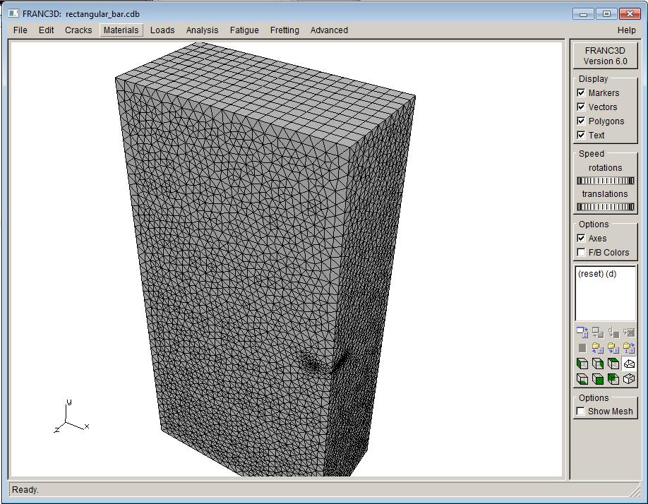 When meshing is complete, the Flaw Insertion Status box will disappear, and the re-meshed cracked model will be displayed,