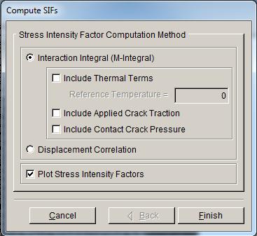 Figure 3.17: Compute SIFs panel. Figure 3.18: Stress Intensity Factor dialog. 3.6 Step 6: Crack Analysis with Crack Face Traction This step of the tutorial describes how to apply crack face tractions using the external mesh and stress from the uncracked analysis.