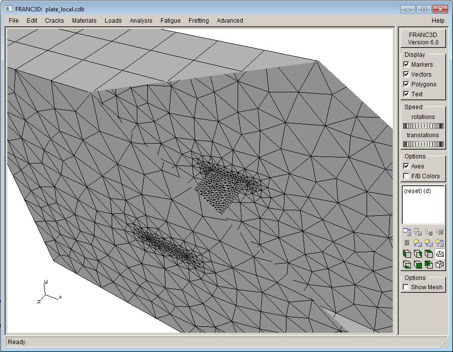 Figure 4.5: Meshed through-crack in the local portion of the plate model. Step 2.3: Static Crack Analysis From the FRANC3D menu, select Analysis and Static Crack Analysis.