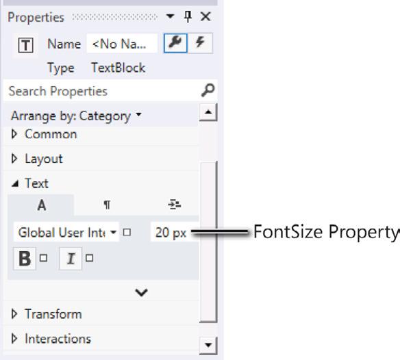 7. In the Properties window, expand the Text property. Change the FontSize property to 20 px and then press Enter.