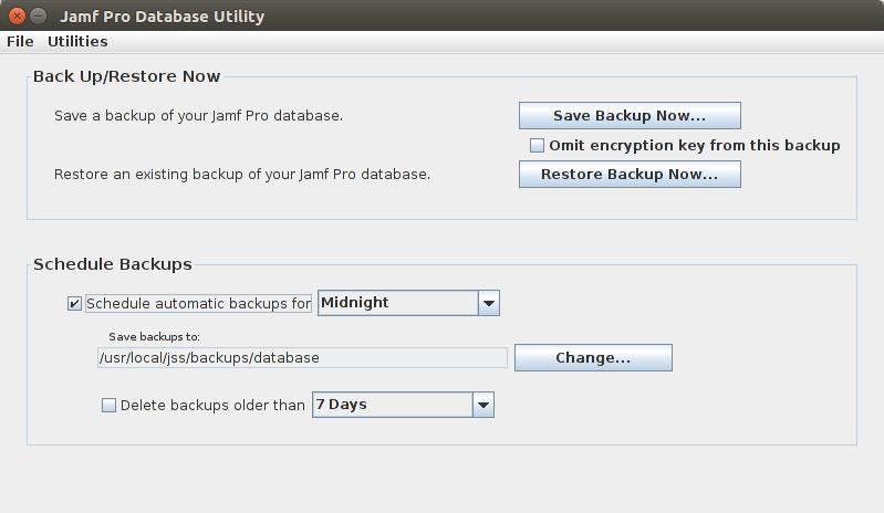 The Jamf Pro database utility stops creating scheduled backups immediately.
