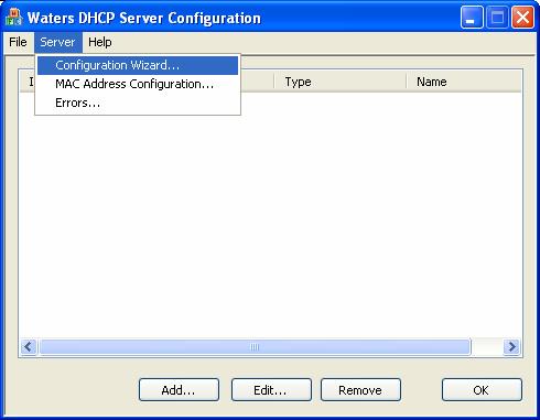 Figure 2: Waters DHCP Server Configuration Page 5. Select Server > Configuration Wizard. The Select Network Connection page appears (Figure 3).