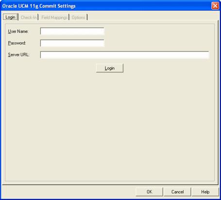 Commit Profiles 7.8.4.1 Oracle UCM 11g Commit Settings Screen, Login Tab Use the Login tab to specify Oracle UCM login information.