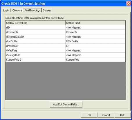 Commit Profiles To display this screen, open a commit profile in Capture Administration, select Oracle UCM 11g Commit Driver in the Commit Driver field, click the adjacent Configure button, and click