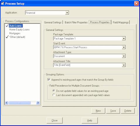 Commit Profiles Package Template Start Event Attachment Type Attachment Title Grouping Options Specify the Process package template to use. Specify the Process start event to place packages into.