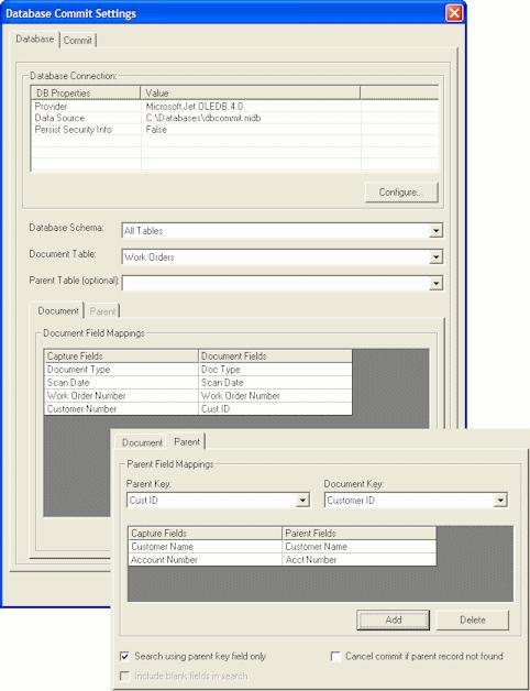Commit Profiles Database Connection, Configure Database Schema Document Table Parent Table Document tab, Document Field Mappings tab Parent tab Parent Key, Document Key Click Configure to configure