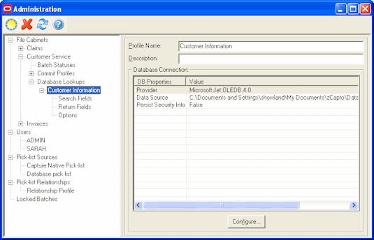 Database Lookups Screens Store in Image/Blob Select the database field in which you want the document files stored. The data type for this field must support long binary data. 7.
