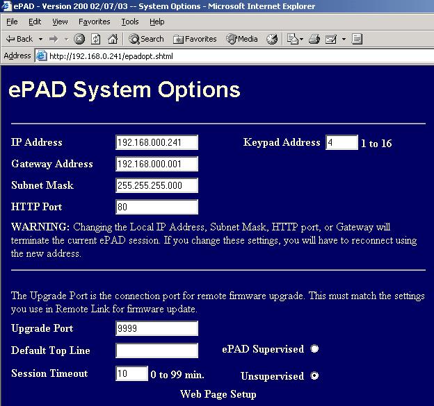 Figure 6: epad System Options Page Upgrade Port The Upgrade Port is the connection port for remote software upgrade. This must match the settings you use in Remote Link for software update.