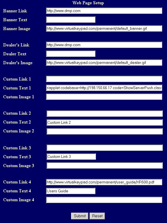 Figure 7: Example of an epad System Options Page: Web Setup Section Web Page Setup The bottom half of the System Options Page, shown above, contains fields used to setup the epad Web page.