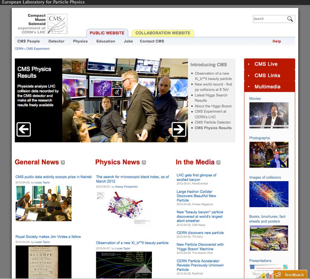 Figure 7. Screenshot of the public part of the CMS website showing the strong focus on latest news, background information, and multimedia resources. 4.3.