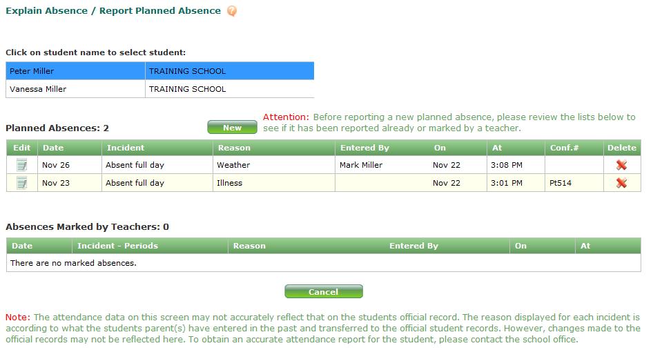 Reporting an Absence using Parent Portal To report an absence, a parent clicks on the Student Attendance icon and the following screen appears: To report an absence, the