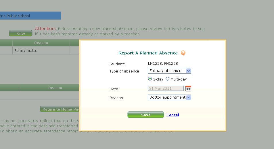 ) Absences reported through the parent portal appear in the daily attendance report.
