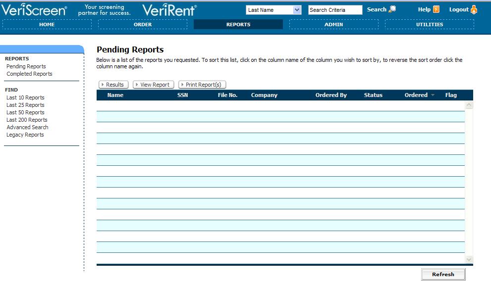 The Reports page will default to the Pending Reports list. The Pending Reports list provides a quick view of all outstanding applicant reports for your account.