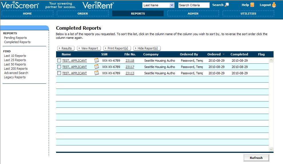 The Completed Reports list may also be accessed under the Reports tab. This list provides the most recent completed reports. Individual reports can be accessed, viewed, and printed from this list.