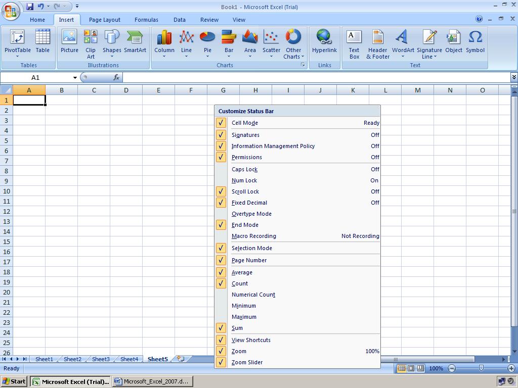 Screen Bottom Following along on the bottom of the 2007 Excel screen one can easily see the worksheet tabs with the arrows to move worksheets in view if they cannot be seen.