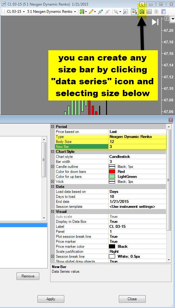 To Change Bar Size - You may wish to change the bar size. To do this click the data series icon, or right mouse click on your chart and select data series.