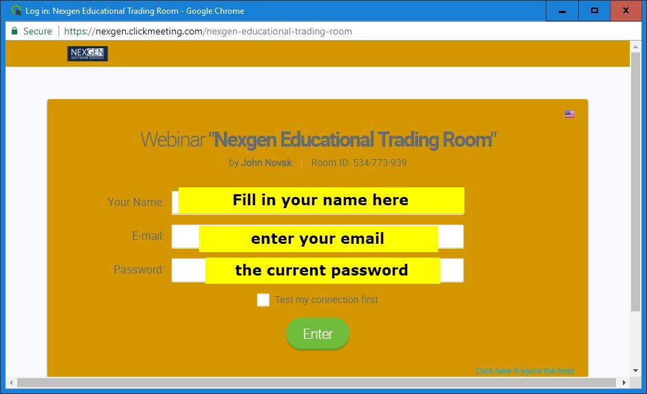 Nexgen's Live Training Online Class Click Meeting Nexgen Software Services run the best online chat room in the industry to teach traders how to read the software and execute live trades from 9 am ET