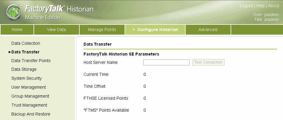 FACTORYTALK HISTORIAN ME QUICK START GUIDE 2. Click on Data Transfer in the left-hand navigation bar. This opens the Data Transfer page. 3.