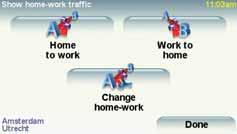 2. Tap Show home-work traffic. 3. Tap Work to home. The route summary screen is shown, with the expected delay shown after the trip time.