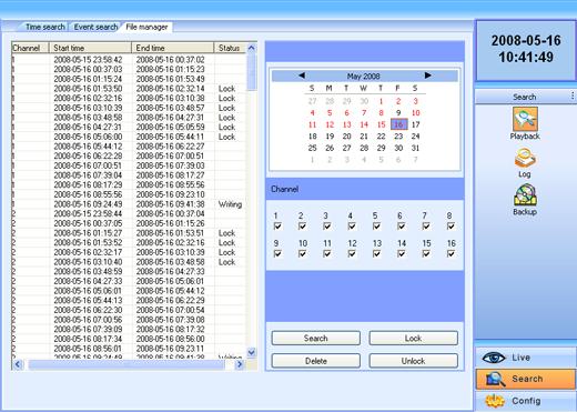 Fig 6.14 Remote File manager STEP2 Select date and channels, and then click Search. All the files found will be listed in the day in left area.