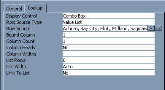 This saves you from typing it in each time Example)Choosing a city that is either Auburn, Bay City, Flint, Midland, or Saginaw 1. Switch to Design View 2. Select the field you want to alter (City) 3.