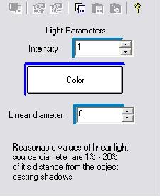 When we have a closer look at the Light Parameters, you can see 3 items you can change. Intensity, Color and Linear diameter. We will leave intensity and color alone and go to the Linear diameter.