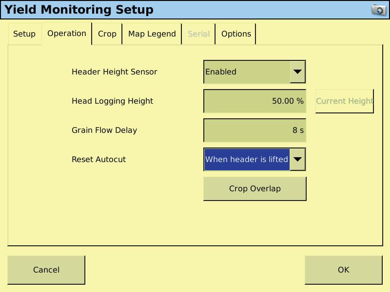 Setup tab configuring the Yield Monitoring system Operation tab In the Setup tab, enter information about the combine you are using. In the Operation tab, enter settings to configure the combine.