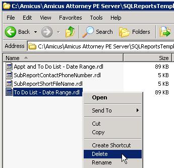 Deleting Reports and Billing Templates In order to delete a Report or Template, it must be deleted from the appropriate subfolder on the Amicus Application Server and, if published, also deleted via