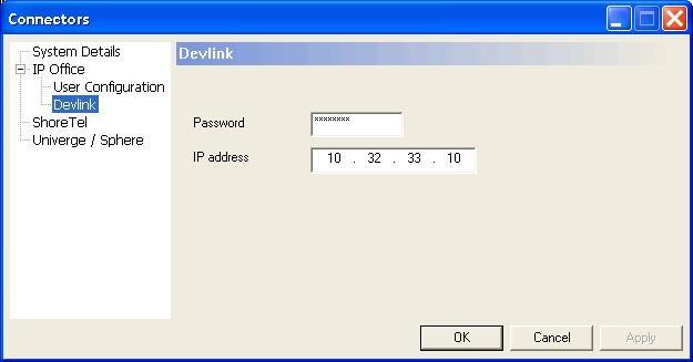Select IP Office > Devlink from the left pane, to display the Devlink screen in the right pane. For Password, enter the password for the Avaya IP Office Monitor and Call Status application.