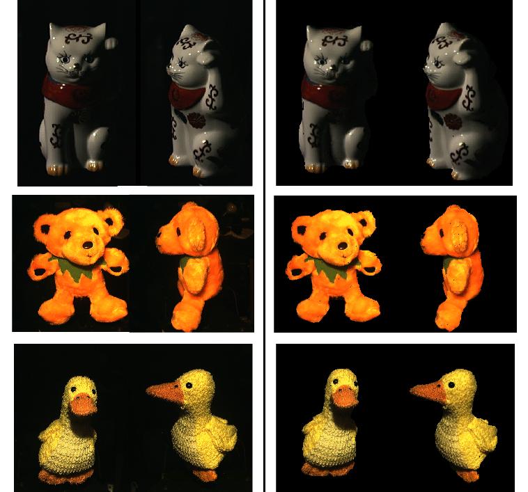 Figure 4: Left: Input color images, Right: Synthesized images (by using cell-adaptive dimensional eigenspaces). ratio lower than Eigen-Texture method.