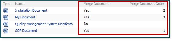 Ensure that the Merge Document column is set to Yes for each document to be merged. Enter a number for Merge Document Order which defines the order in which the document will be merged into the PDF.