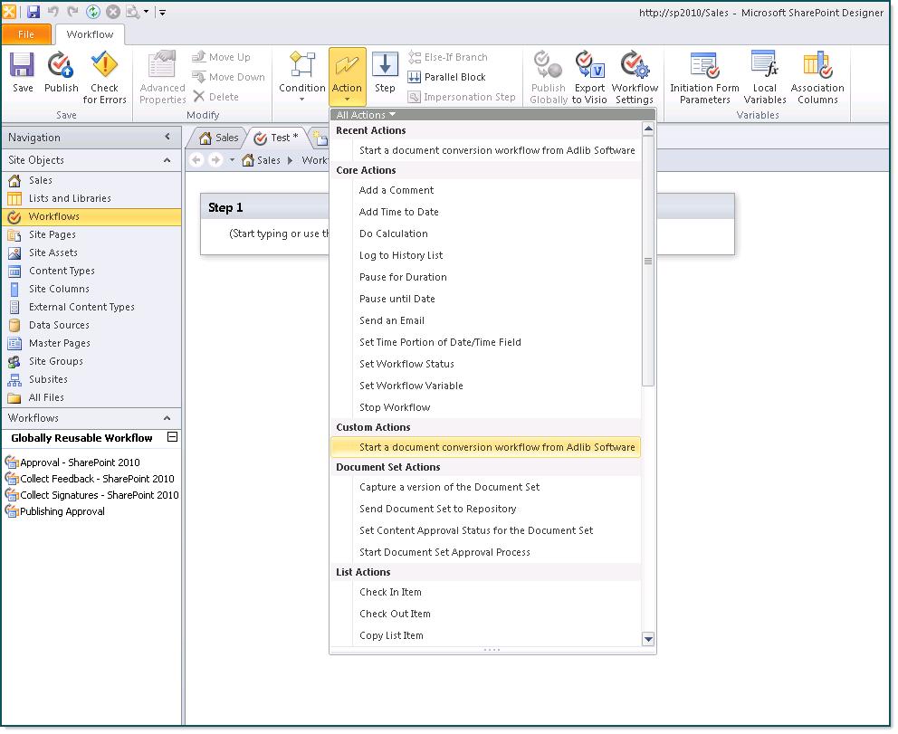2. In SharePoint Designer, select Start a document conversion workflow from Adlib Software