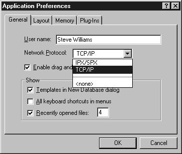 In FileMaker Pro, choose Edit menu > Preferences > Application. 2. In the General tab, choose a network protocol from the Network Protocol drop-down list. 3.