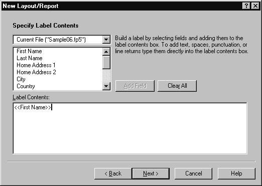 Creating lists, mailing labels, and form letters 61 Create the label 1. Choose Window menu > MyFile06.fp5. 2. Choose View menu > Layout Mode. 3. Choose Layouts menu > New Layout/Report. 4.