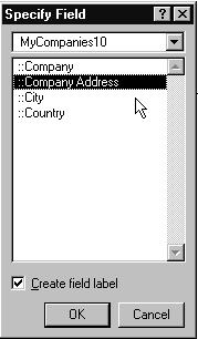 Making databases relational 83 4. Click ::Company Address, then click OK. 5. Repeat steps 2-4 for City and Country. Choose the relationship to display fields from the related file 6.