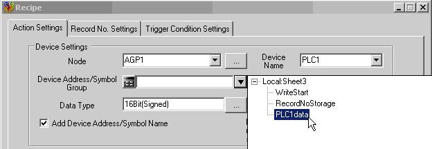 3) Click the list button of [Device Name] and select "PLC1" as a data transfer destination