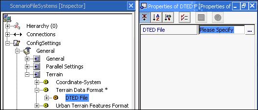 Go to ConfigSettings > General > Terrain > Terrain Data Format > DTED File. In the Configurable Property window, set DTED File to the name of the first terrain data file, as shown in Figure 52.
