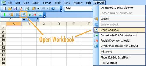 Open Workbook Click the door button to logout Open workbook allows you to open an EditGrid workbook in Excel.