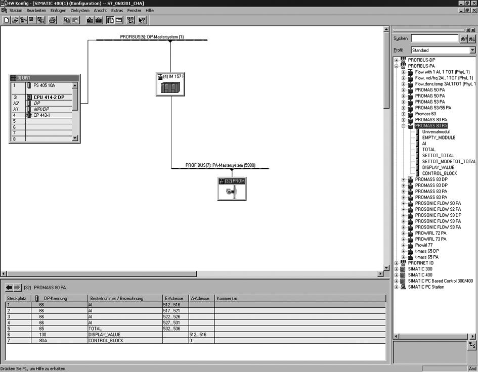 Proline Promass 80 PROFIBUS PA Commissioning 6.6.4 Configuration examples with Simatic S7 HW-Konfig Example 1: Fig. 31: Complete configuration using the Promass 80 GSD file.