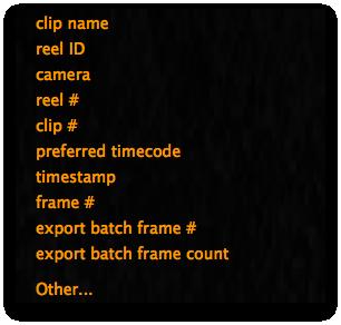 BURN IN General If TIFF, OpenEXR, JPEG (MAC), SGI, QUICKTIME, QUICKTIME (Exp), or AVID AAF & MXF is selected as file format, Burn In allows the ability to embed parameters as text overlays onto the