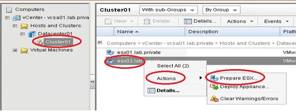 Select the Cluster in the tree, then select each ESX host, choose Actions, then