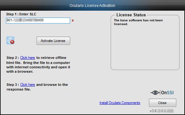 Licensing Ocularis Base 3. Click the Activate License button. You will receive a pop-up with the message reminding you that there is no internet connectivity and you should use offline activation.